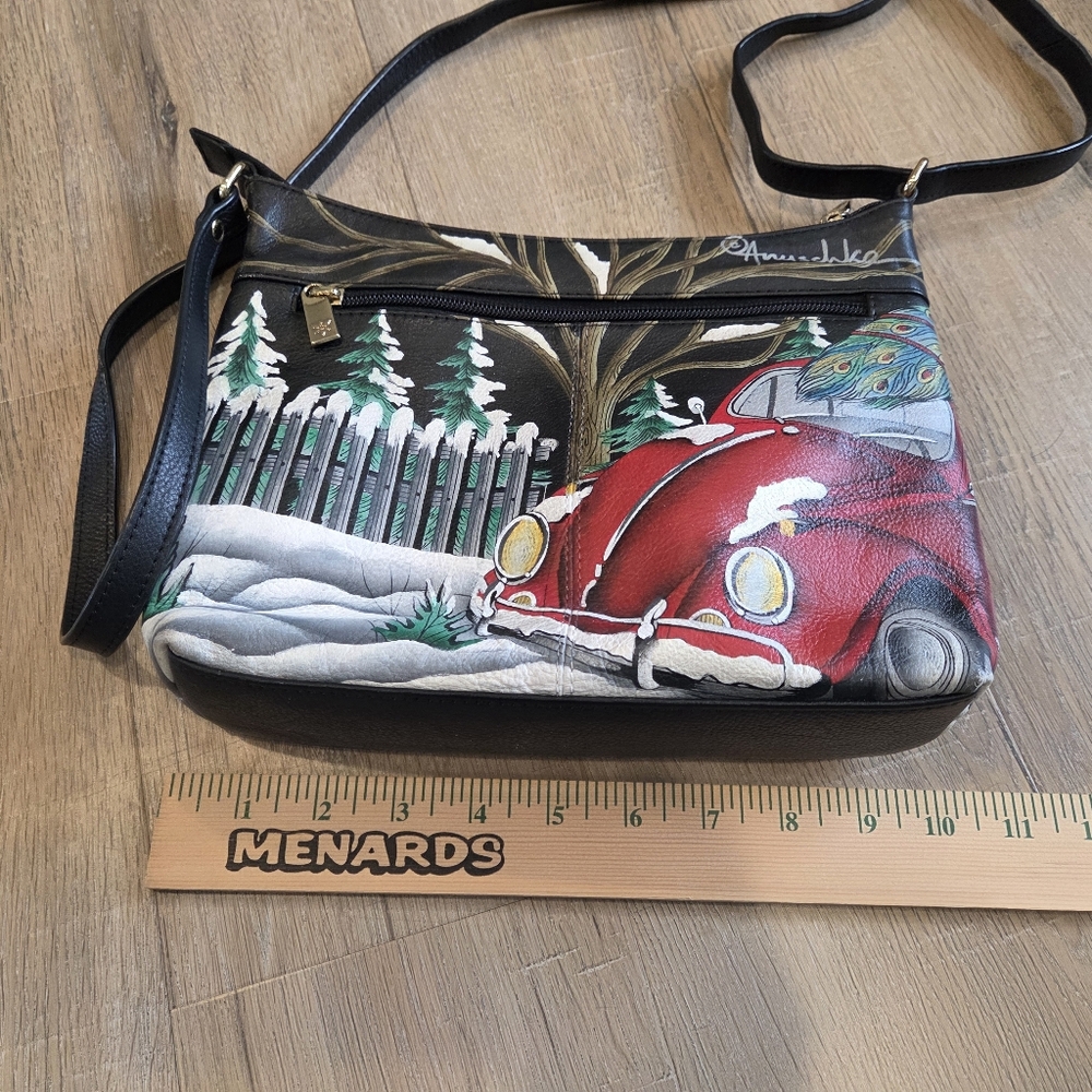 Anuschka Hand-Painted Leather Crossbody Peacock Winter Tree Design Colorful Art - Picture 13 of 13